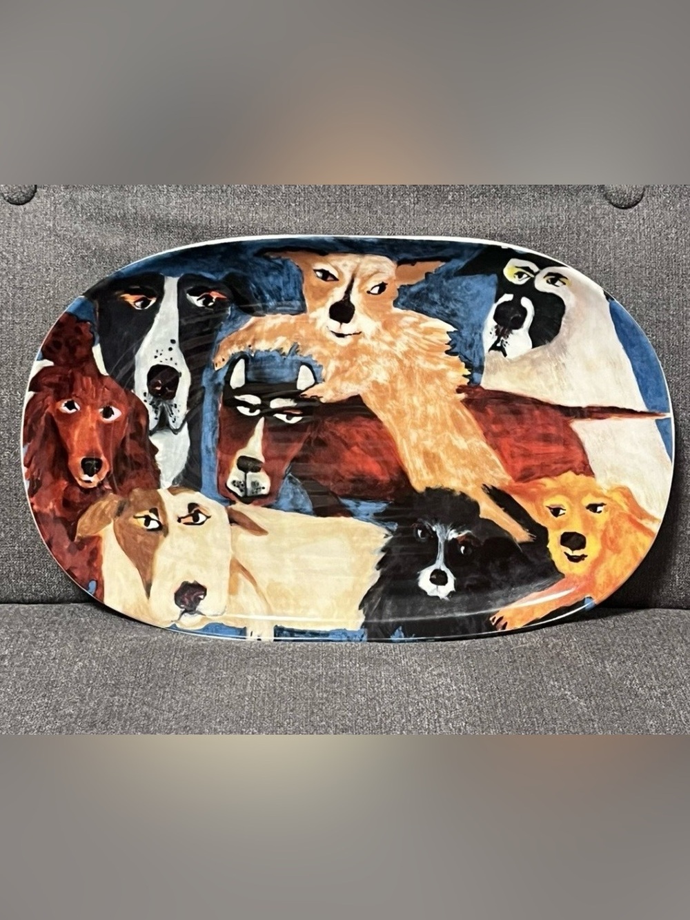 Anthropologie Carole Akins Furry Friends 13.75"x 9" Platter Dogs Stoneware RARE